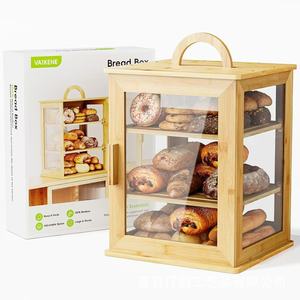 Bamboo and wood bread box, solid wood <b>kitchen</b> countertop baking bread storage box, double-layer bread organizer box, acrylic - Product Image 1