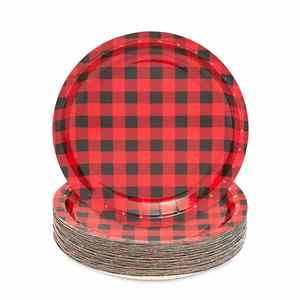 FDA Approved 9-Inch <b>Disposable</b> Round Paper <b>Plate</b> in CMYK Buffalo Plaid for Lumberjack 350gsm White Board Party Supplies - Product Image 5