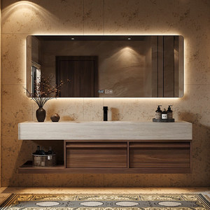 Ensemble de meubles de salle de bain suspendus au mur en bois de noyer moderne, avec miroir intelligent à LED et plan de lavabo en travertin - Product Image 3
