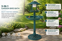 Lanterne solaire de nuit pour bain d'oiseaux en résine verdigris, avec piédestal, pour extérieur, éco-responsable, résistante à la rouille, décoration de jardin
