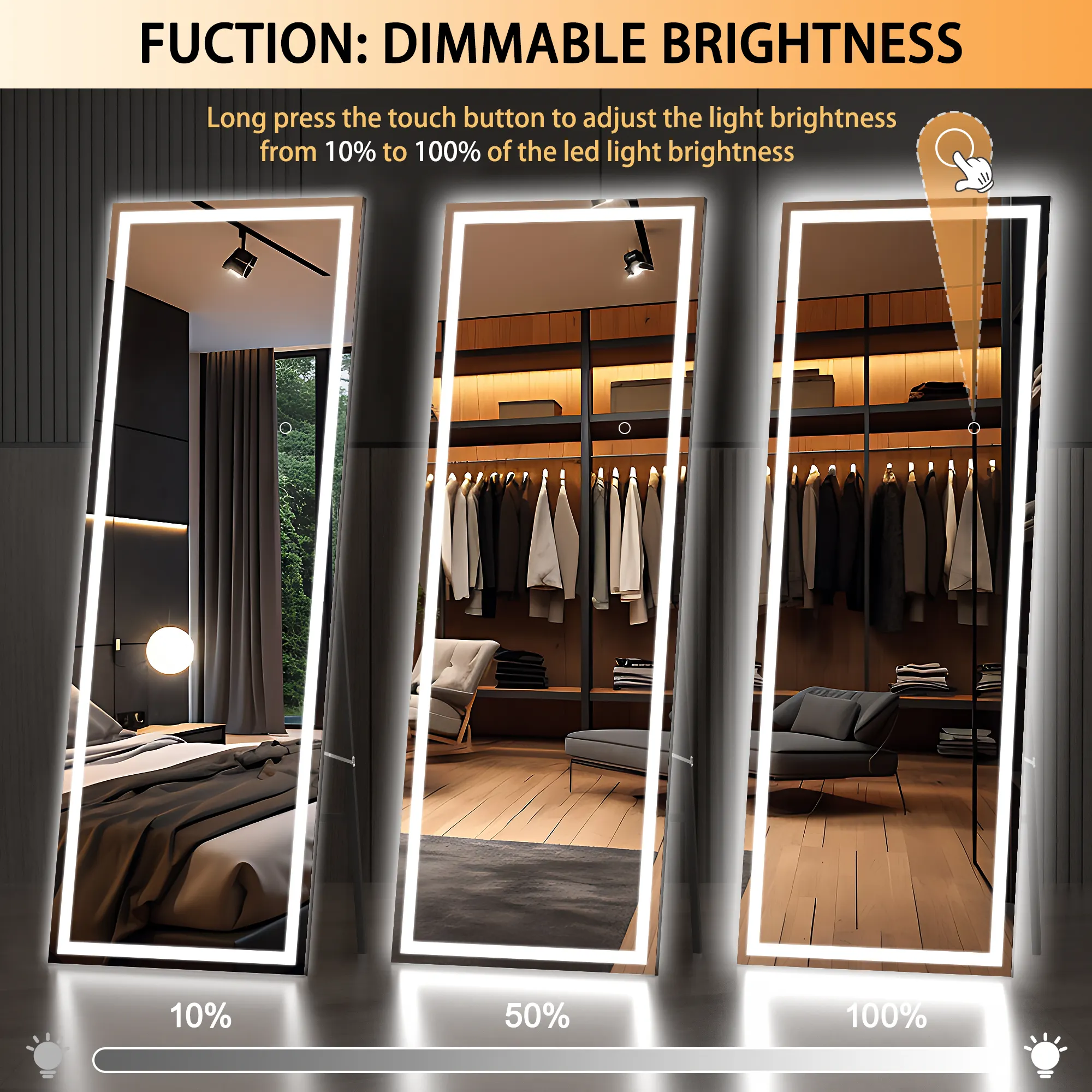 Grote Salon Led Licht Touch Sensor Schakelaar Volledige Lengte Spiegel Frame Full Body Spiegel Met Verlichting Voor Schoonheidssalon