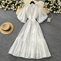 Robe longue décontractée élégante pour femme, coupe trapèze, manches bouffantes, ceinture, col montant, boutons décoratifs, ourlet à volants, pour le quotidien et les vacances