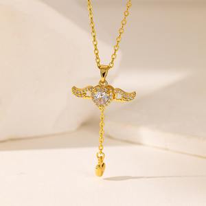 איכות מעולה נירוסטה מצופה זהב 18k שרשרת יהלום אנחל כנפיים ורוד תליון לב רנינסטון ורוד - Product Image 2