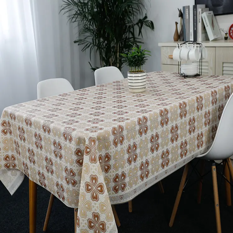 Oil Proof PVC NR Foam White Brown Flower Rectangle Lace Home Restaurant Decorative Table Cloth