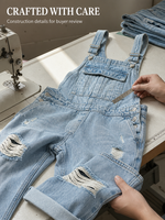 Salopette en jean bleu clair délavé pour femme, coupe ample, style cargo