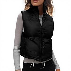 Women's Black Vest Stand Collar Zipper Closure Polyester Wadding Winter <b>Jacket</b> Solid Color Regular Length - Product Image 5