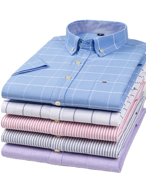 100% Pure Cotton Men's Plaid Short-Sleeve Shirt Casual Oxford Fabric Square Collar Single Breasted Machine Washable Young Men
