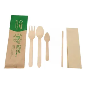 Grosir Biodegradable tahan panas sendok garpu Set pisau bambu kayu alat makan sekali pakai