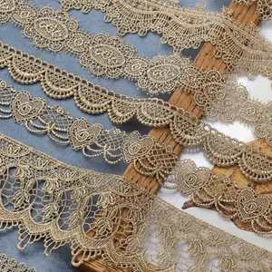 Water soluble Sewing Lace Clothing Accessories Metallic Yarn Decorative Lace Trim Embroidery Encajes Gold Polyester Lace Trim