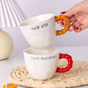 Creative <b>Ceramic</b> Mug With Threaded Handle Letter Print Single <b>Cup</b> For Coffee Milk Breakfast Household Use - Product Image 1