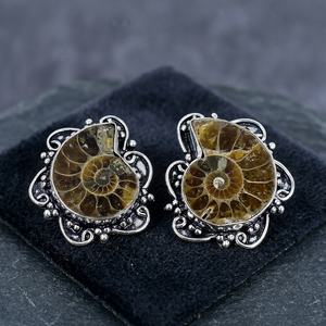 Pulseras de puño clásicas para mujer, con forma de caracol, chapadas en plata, de aleación hecha a mano, con gema de fósil de amonita, para fiesta - Product Image 2