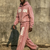 Ensemble de survêtement vintage délavé personnalisé, streetwear vieilli, sweat à capuche zippé et pantalon de jogging pour homme, survêtement de fitness épais