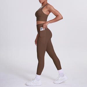 Leggings de yoga pour femmes-Ensemble de course à pied-Logo Clothing Yoga Suit Top Sports Wear Gym Fitness Set Cross-Back Bra Pocket Leggings - Product Image 3