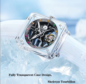 Montre mécanique de luxe carrée pour homme avec tourbillon, boîtier en saphir synthétique visible et cadran squelette - Product Image 6