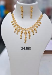 <b>Gold</b> Angular Drop Necklace <b>Set</b> with Ribbed Round Links and Coordinated Earrings for Womens Party <b>Jewelry</b> - Product Image 3
