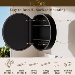 Armoire de salle de bain murale ronde noire SENYU avec 2 étagères de rangement, design moderne, cadre en métal - Product Image 5