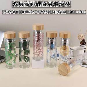 Taza de té de doble pared de vidrio con tapa de bambú de 500 ml, aislada, para regalos empresariales - Product Image 5