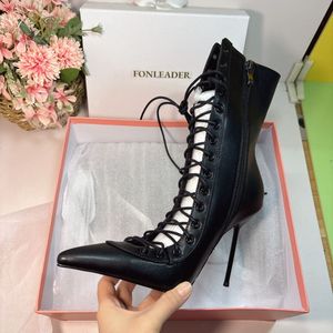 Botines de tacón alto con punta en pico, cordones en la parte delantera y diseño hueco, color negro, para mujer, ideales para fiestas y discotecas. - Product Image 6