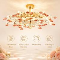 Lustre LED en cristal rose en forme de fleur, en acier inoxydable et céramique, avec interrupteur, hauteur réglable, romantique, suspension moyenne