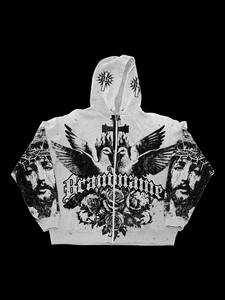 Sweat à capuche zippé gothique pour homme en coton tricoté, imprimé colombes noires et blanches, croix et roses, coupe classique, streetwear d'automne - Product Image 6