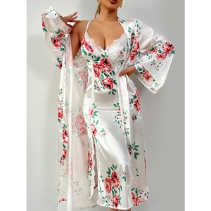 P288 Plus Size Nieuwe Sexy Ademend Effen Casual Lingerie Halterjurk Kant Satijn Nachtkleding Lange Nachtkleding voor Dames 2-delige Set - Product Image 4