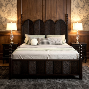Premium <b>Queen</b> <b>Size</b> Dark Wood Spindle <b>Bed</b> With Arched Rattan Headboard For Farmhouse Bedroom - Product Image 3