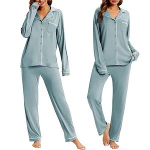Pijama de bambú para mujer, ropa de dormir de manga larga con cuello de muesca suave, con botones