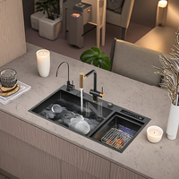 Ensemble d'évier de cuisine moderne de luxe en acier inoxydable de haute technologie avec affichage de la température intelligent et robinet à deux trous