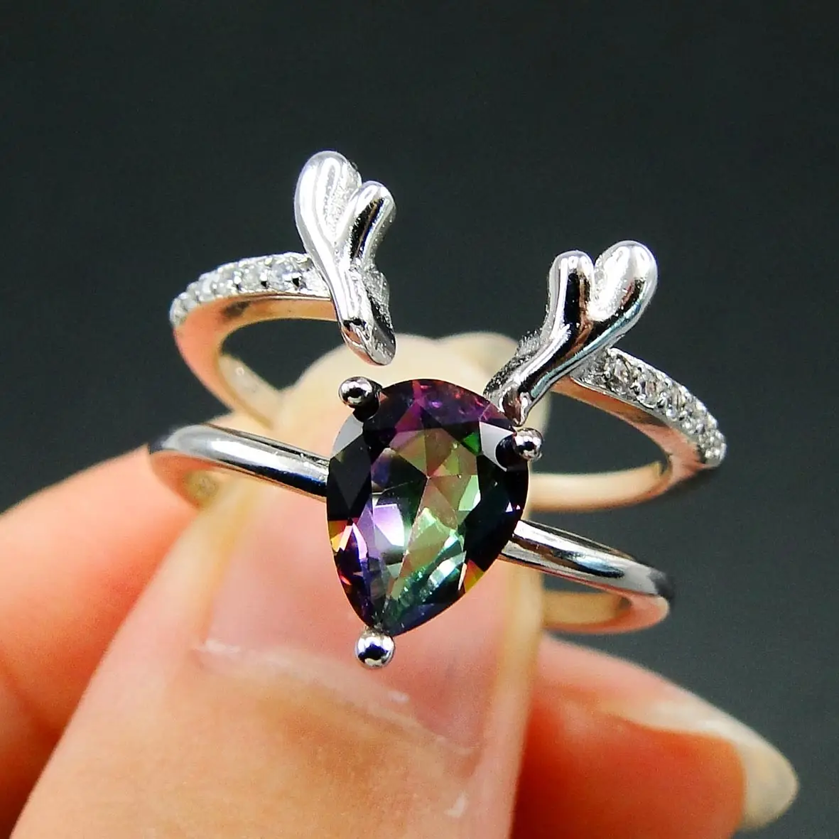Good Quality Cute Gift Ladies Rhodium Plated Mystic Topaz Ring Set Solid 925 Sterling Silver Jewelry