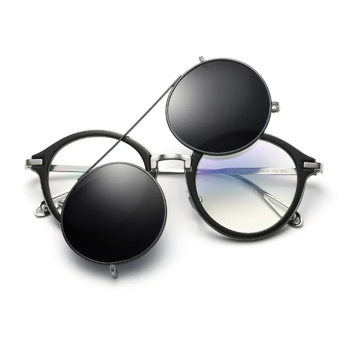 Kacamata Hitam Retro Polarisasi Logam Bulat Uniseks, Kacamata Jepit Dua Dalam Satu Retro