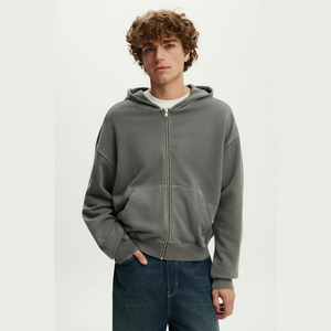 Sweat-shirt unisexe gris à capuche zippé, coupe ample, couleur unie, décontracté, pour l'hiver, en molleton 100 % coton, tissu tricoté anti-boulochage - Product Image 1