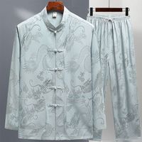 Set Latihan Tai Chi Pria Baju Tradisional Cina Hanfu Lengan Panjang Motif Bunga Kancing Depan Bahan Sutra Es