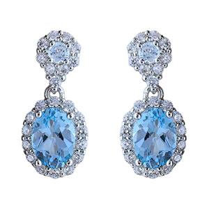 Boucles d'oreilles pendantes classiques pour femmes, plaquées argent, avec topaze bleue et pierres précieuses vertes serties en clos, bijoux de soirée - Product Image 1
