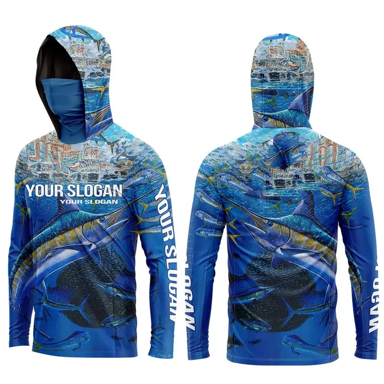 Custom Sublimation Design Your Own Clothing Breathable Polyester Spandex Fishing Long Sleeve Shirt With Mask And Cooling Hoodie