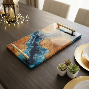 Wood-Resin Luxury Dining <b>Table</b> Home <b>Decor</b> Food Surf Tray Kitchen Gift Ramadan Diwali Wedding Modern Design Rectangle Shape - Product Image 3