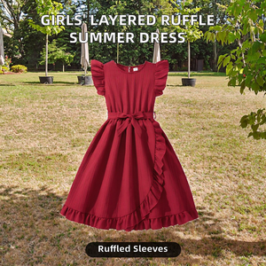 ชุดเดรสเด็กผู้หญิงผ้าทาฟต้าลำลองสำหรับฤดูร้อน ความยาวปานกลาง แต่งระบายหลายชั้น แขนสั้น ลายพิมพ์ คอทรงกลม ผลิตแบบ ODM - Product Image 2