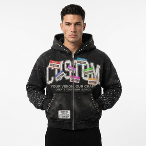 Sudadera con capucha de algodón de alta calidad de 400 g/m², extragrande, de corte holgado y corto, con cremallera, personalizada, con pedrería, fabricante de sudaderas con cremallera. - Product Image 1