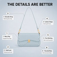 Tas Selempang PU Warna Biru Muda Solid dengan Tutup Lipat, Kancing Tekan, Aksesoris Emas, Sudut Bulat, Tas Tangan Terstruktur, Fashion Musim Dingin Gugur
