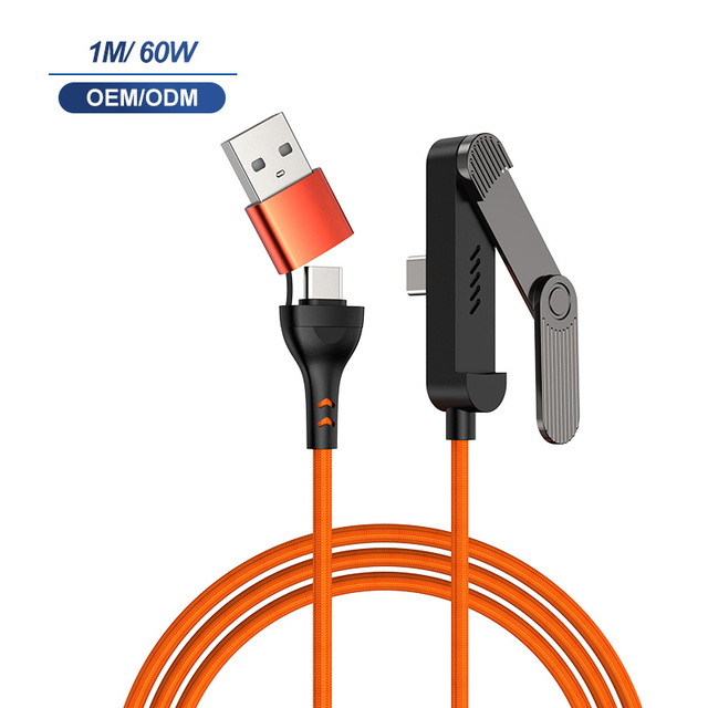 Private 2 in 1 Gaming Cable Dual Port Type A+C to Type C 60W 1m 3.3ft Nylon Braided Type C Cable with 360 Rotation Phone Stand