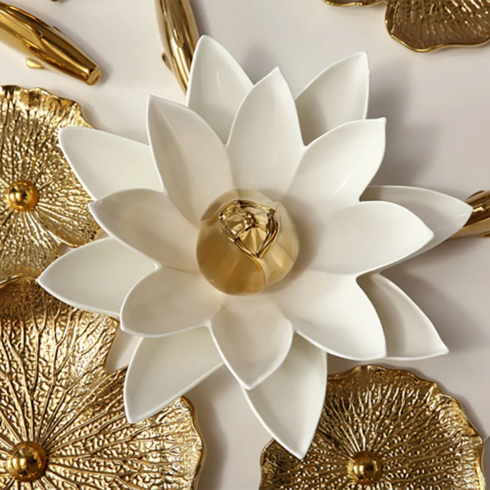 Luxury home decor white flower water lily gold fish and water lily leaf statues decor ceramic decoration modern wall art