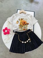 Ensemble Fille Été 2026 Jaune Imprimé Lettres Haut Manches Courtes Jupe Plissée Paillettes Deux Pièces Anti-Plis Style Coréen Coton