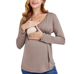 Chemisier et chemise d'allaitement en <span class=keywords><strong>coton</strong></span> à manches longues et col en V de couleur unie - Product Image 2