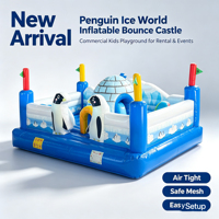 Castillo Inflable Penguin Ice World, Parque Infantil con Temática Deportiva, Piscina de Pelotas, Túnel Iglú, Modelo de Pingüino 3D, PVC Comercial