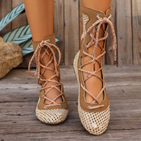 Bottes plates décontractées pour femmes, style gladiateur romain, à bout rond, talon bas, à lacets, avec manchette tricotée à la cheville, chaussures d'été pour la plage