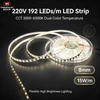 Lampu Strip LED 192leds Dual Color 2835 CCT 220V 1800K+6500k Laris Manis, Lampu Pita LED Plafon 8mm, Dapat Diatur Warna