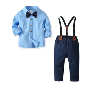 Niños ropa guapo camisa azul manga larga y pantalones 2 unids/set niños conjuntos para bebé 21v317