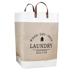 Large Capacity Portable Jute and Cotton Laundry Bag with Handles Custom Letter Pattern Eco-Friendly and Reusable for Shops