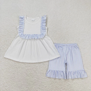 Conjuntos de Ropa para Hermanos al por Mayor, Estampado a Rayas Blanco y Azul, Ropa Casual de Verano para Bebés Niñas y Niños, de Algodón y Spandex Ecológico - Product Image 2