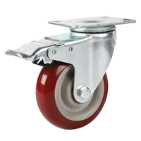 Roues de chariot à roulement à billes double, moyenne capacité, 3, 4, 5 pouces, en polyuréthane rouge et PVC, avec plaque supérieure et frein intégré, capacité totale 150 kg
