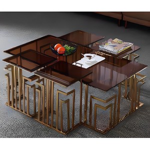 Đồ Nội Thất Gia Đình Trang Trí Thanh Lịch Sang Trọng Bàn Cà Phê 1 + 4 Bằng Thép Không Gỉ Kỳ Lạ Với Lớp Mạ Vàng Và Mặt Kính Trong Suốt - Product Image 1